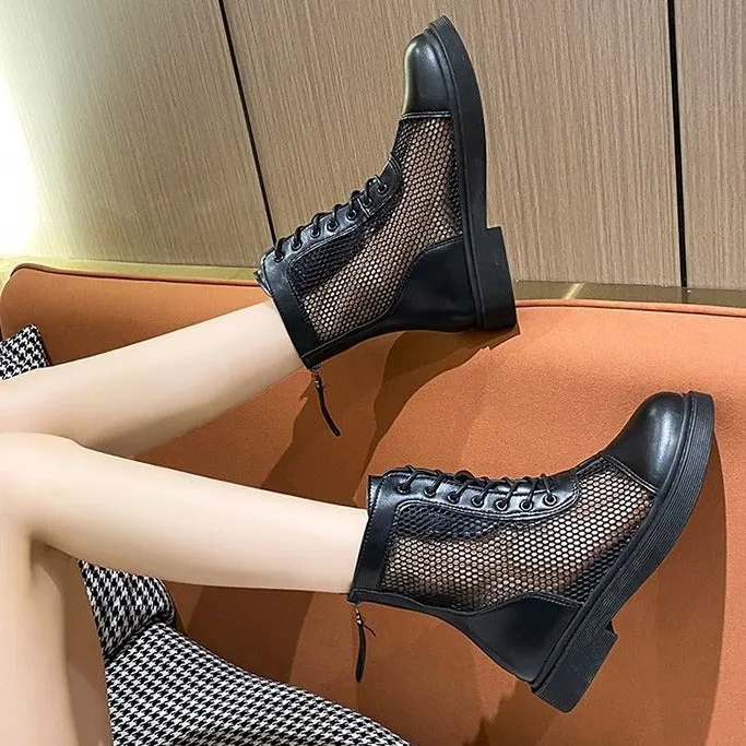 Mesh Martin Boots for Women  Spring New British Style Mesh Martin Boots Platform Ankle Boots Hollow Leather Boots for Women