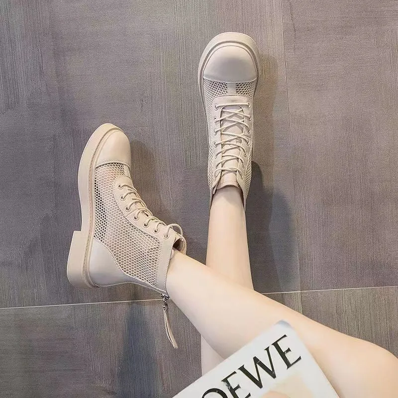 Mesh Martin Boots for Women  Spring New British Style Mesh Martin Boots Platform Ankle Boots Hollow Leather Boots for Women