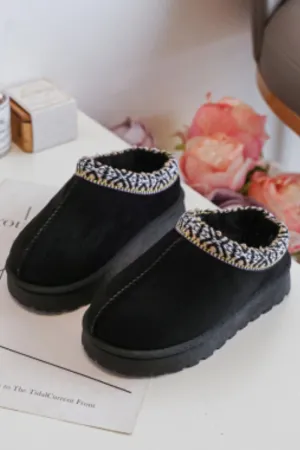 MINI KIDS ROBYN BLACK PLATFORM EMBROIDERED ANKLE SLIPPER BOOTS