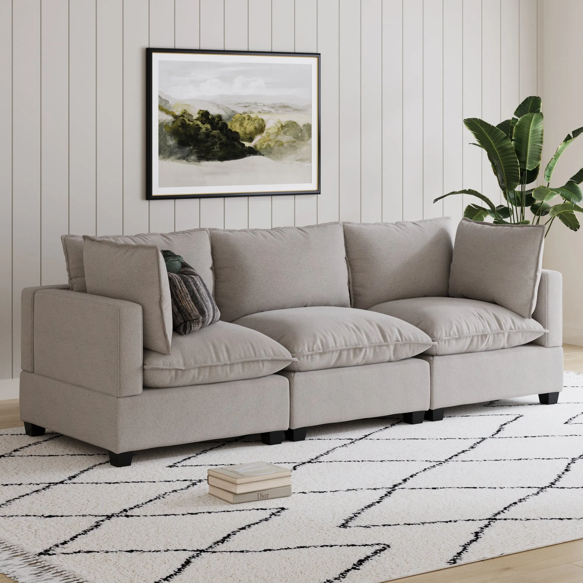 Modern 3-Seat Cloud Sofa Couch Beige Linen