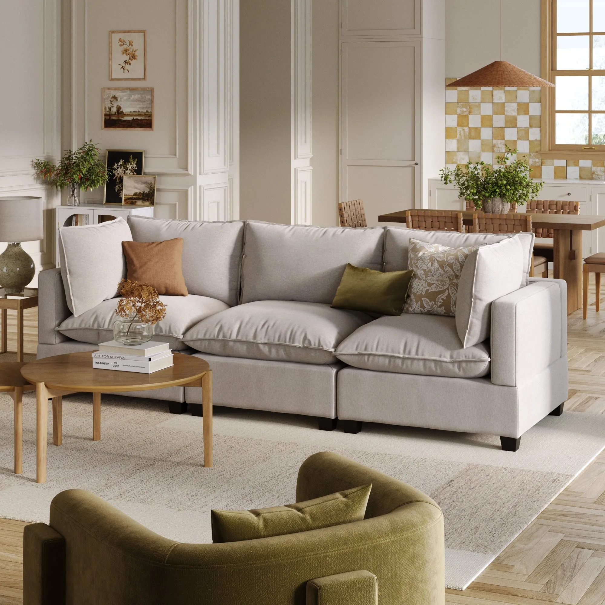 Modern 3-Seat Cloud Sofa Couch Beige Linen