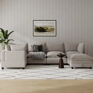 Modern 5-Seat Sectional Cloud Sofa with Ottoman Beige Linen