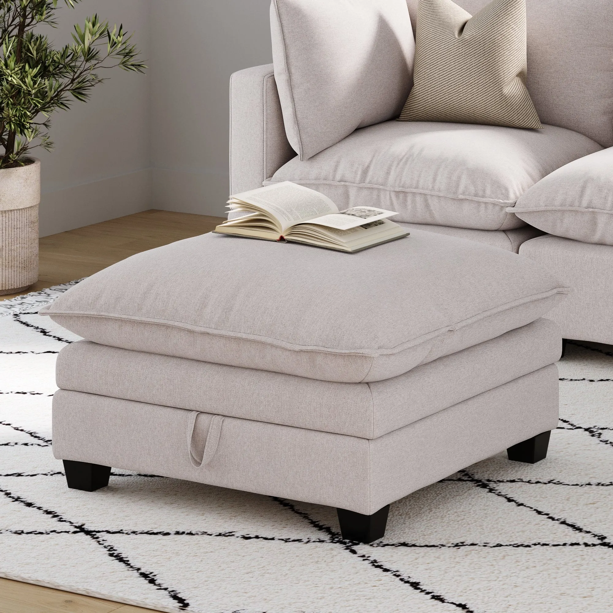 Modern Linen Hidden Storage Ottoman