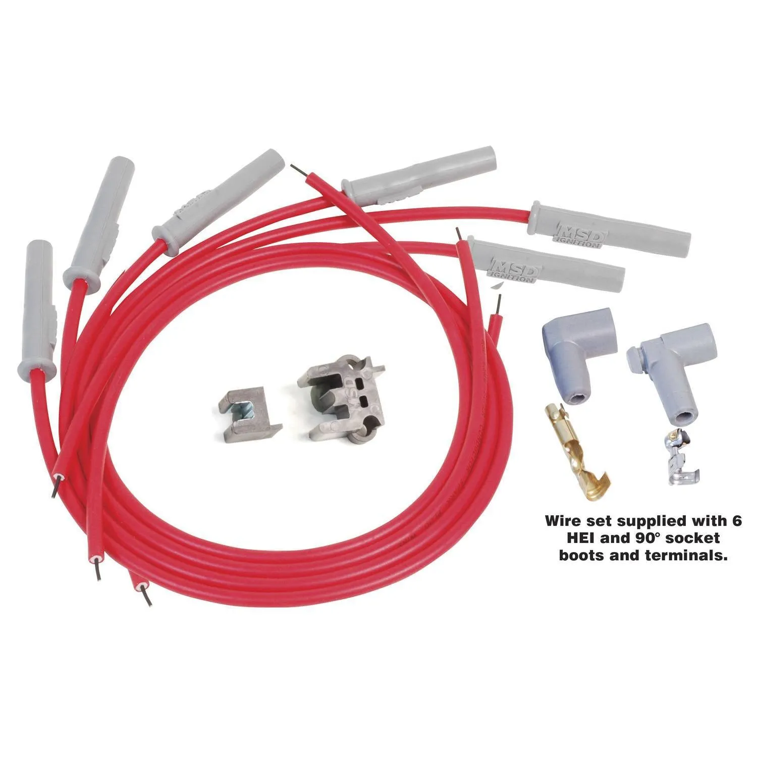 MSD Super Conductor Spiral Core 8.5 mm Spark Plug Wire Set - Red - Straight Plug Boots - HEi / Socket Style - Cut-To-Fit - 6-Cylinder