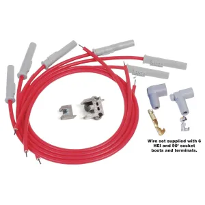MSD Super Conductor Spiral Core 8.5 mm Spark Plug Wire Set - Red - Straight Plug Boots - HEi / Socket Style - Cut-To-Fit - 6-Cylinder
