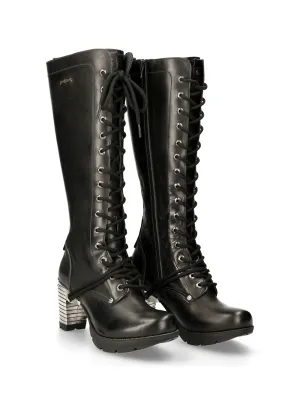 NEW ROCK Laced Leather Boots with Metallic Heels