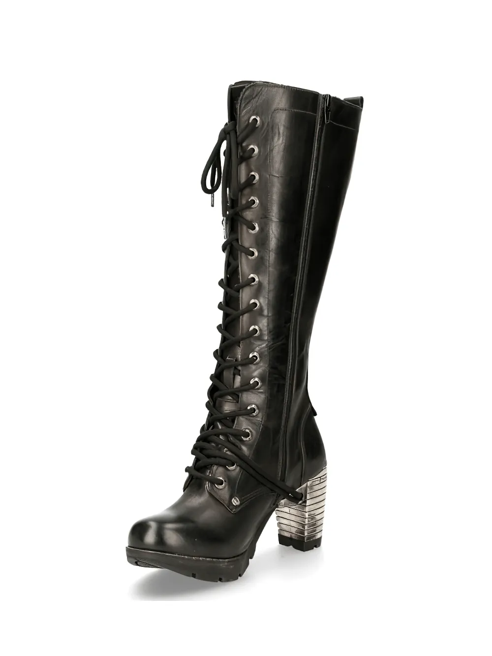 NEW ROCK Laced Leather Boots with Metallic Heels