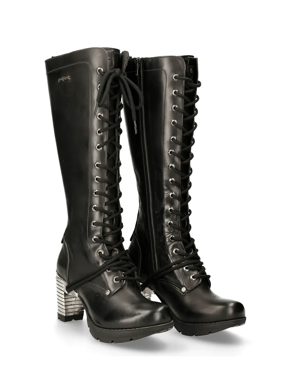 NEW ROCK Laced Leather Boots with Metallic Heels