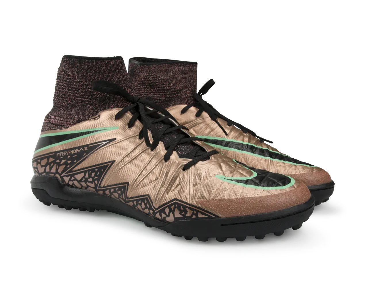 Nike Men's HypervenomX Proximo Turf Soccer Shoes Metallic Red Bronze/Green Glow/Black