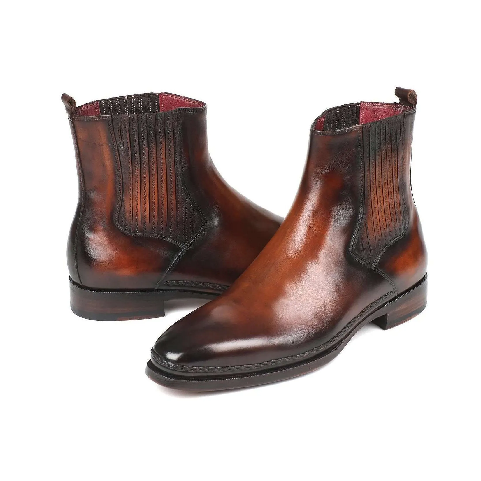 Paul Parkman Handmade Designer Shoes Chelsea Brown Burnished Leather Boots (PM5869)