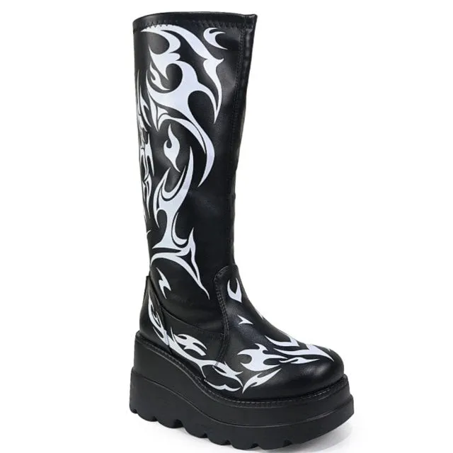 Purpdrank - Big Size 43 Gothic Style Black Wedges High Heels Platform Trendy Cool Autumn Winter Motorcycles Boots Shoes Women Footwear
