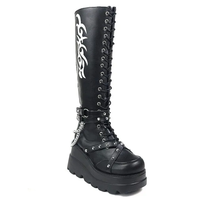 Purpdrank - Big Size 43 Gothic Style Black Wedges High Heels Platform Trendy Cool Autumn Winter Motorcycles Boots Shoes Women Footwear