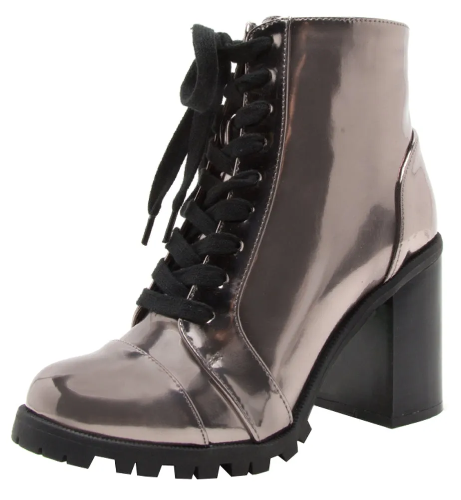 Qupid Women's Lace-Up Closed Round Toe Chunky Stacked Block Heel Ankle Bootie