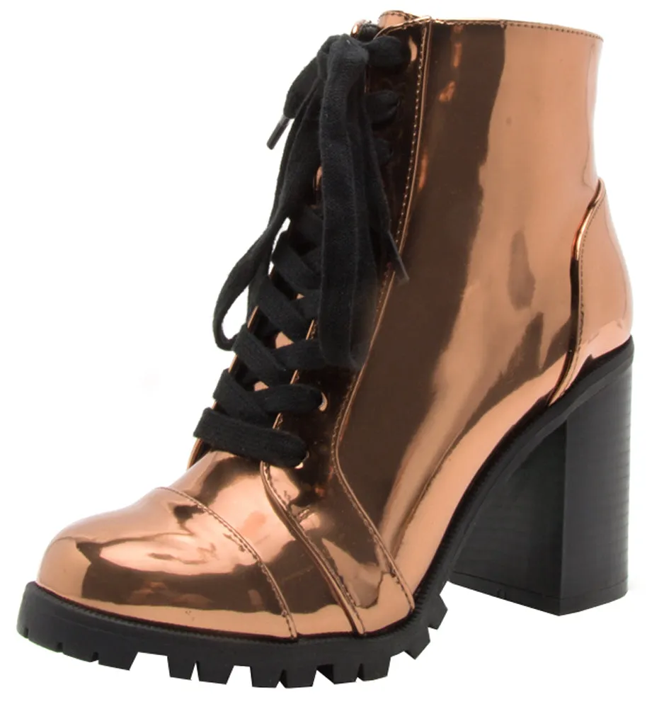 Qupid Women's Lace-Up Closed Round Toe Chunky Stacked Block Heel Ankle Bootie