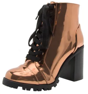 Qupid Women's Lace-Up Closed Round Toe Chunky Stacked Block Heel Ankle Bootie