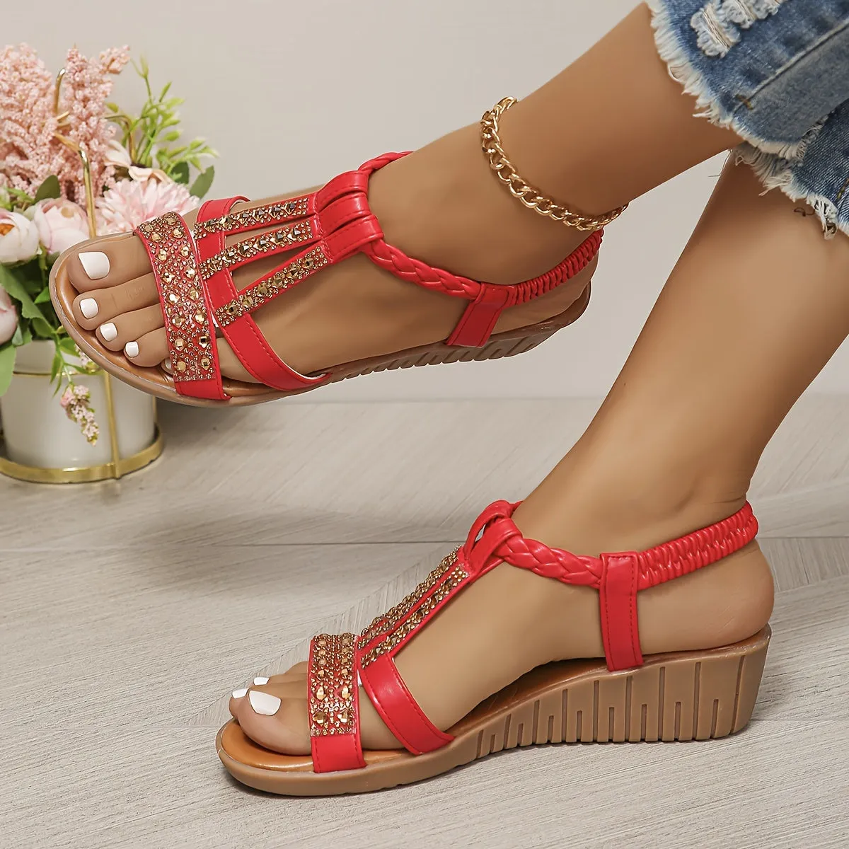 Rhinestone Women Ergonomics Ankle Elastic Strap Platform Summer Wedge Sandals