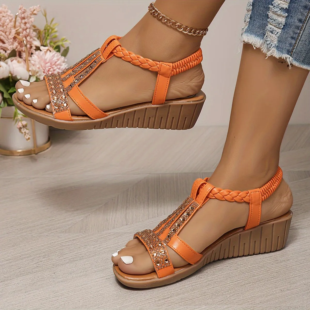 Rhinestone Women Ergonomics Ankle Elastic Strap Platform Summer Wedge Sandals