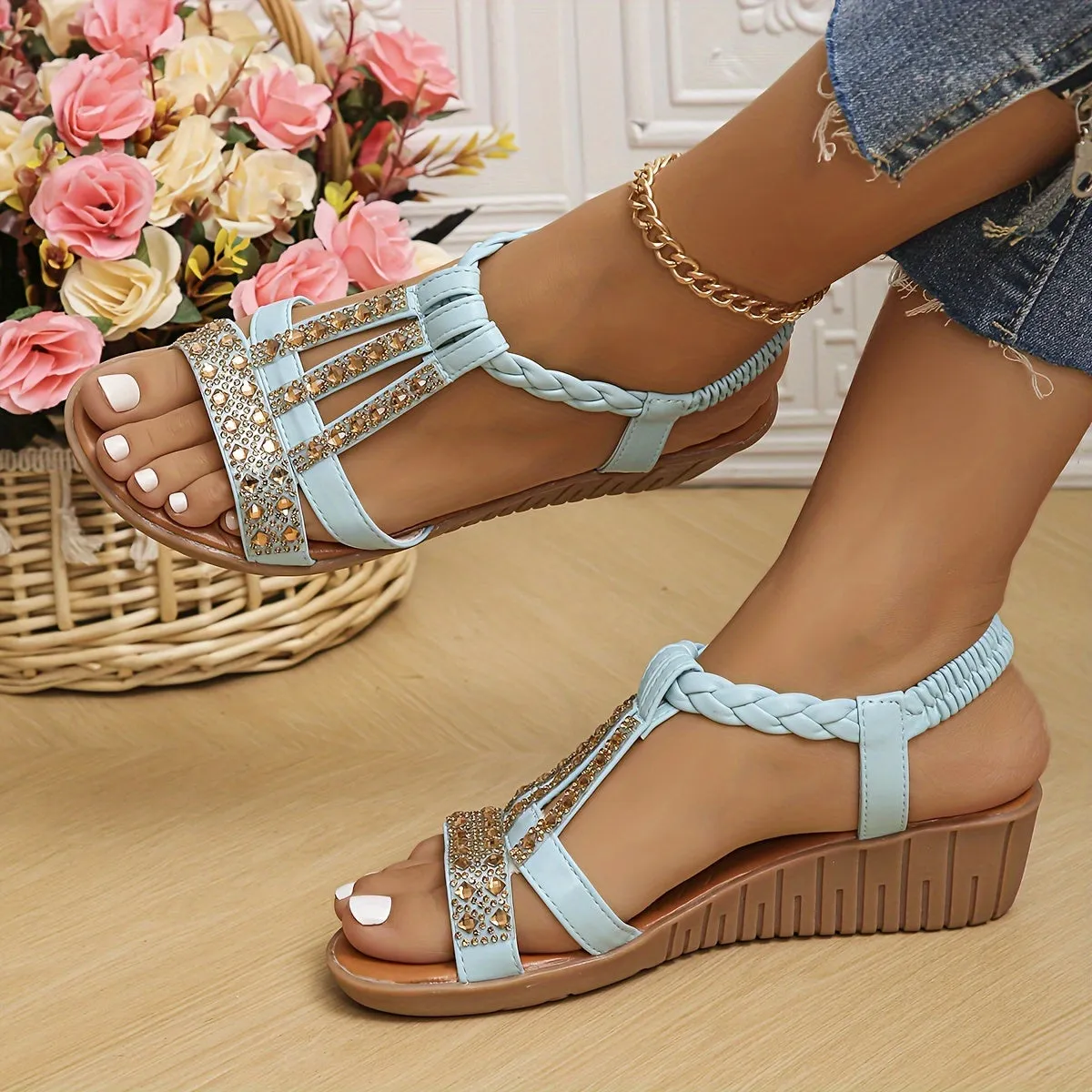 Rhinestone Women Ergonomics Ankle Elastic Strap Platform Summer Wedge Sandals