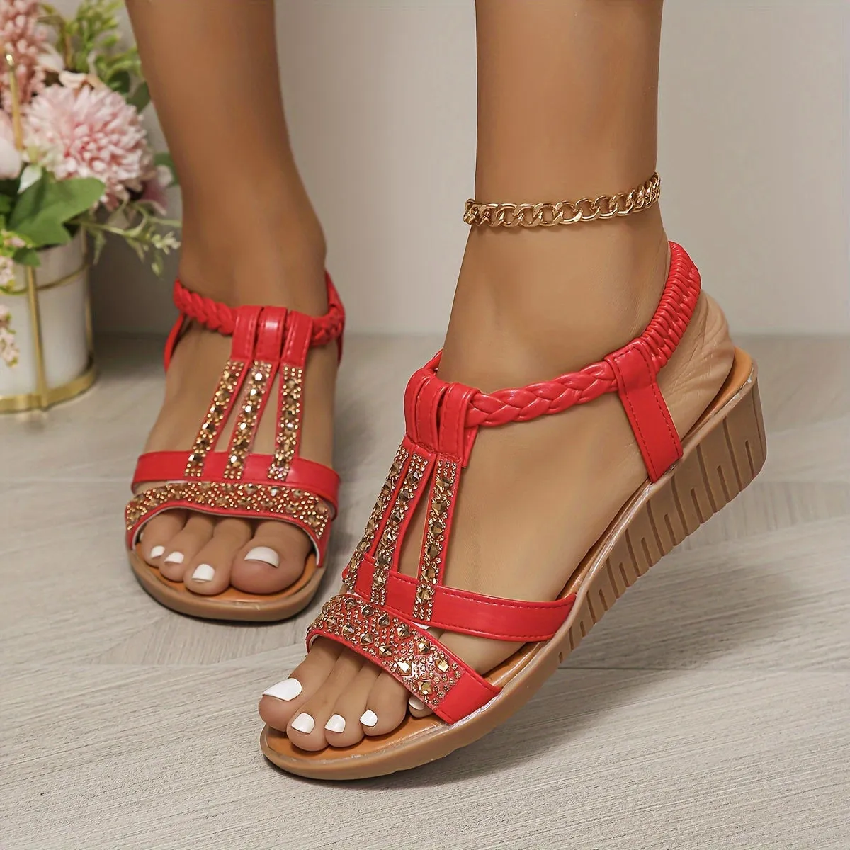 Rhinestone Women Ergonomics Ankle Elastic Strap Platform Summer Wedge Sandals
