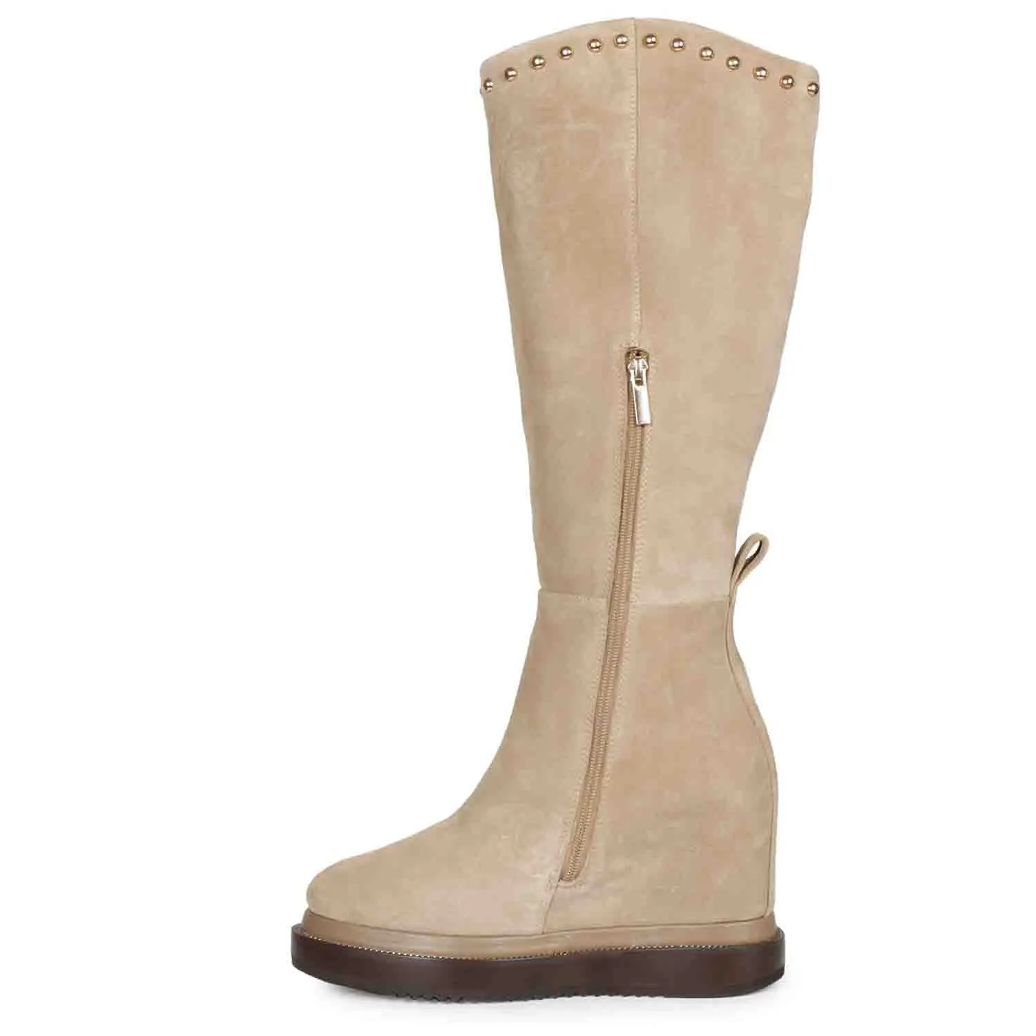 Saint Adelmo Metal Studs Ivory Suede Wedge Heel Long Boots