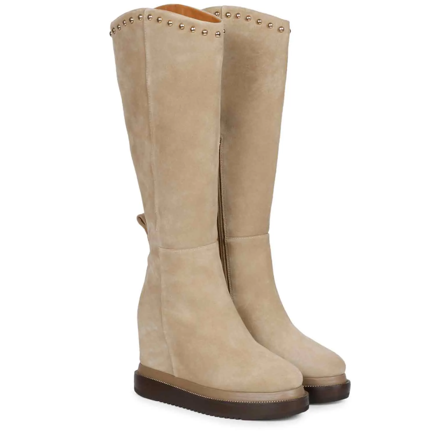 Saint Adelmo Metal Studs Ivory Suede Wedge Heel Long Boots