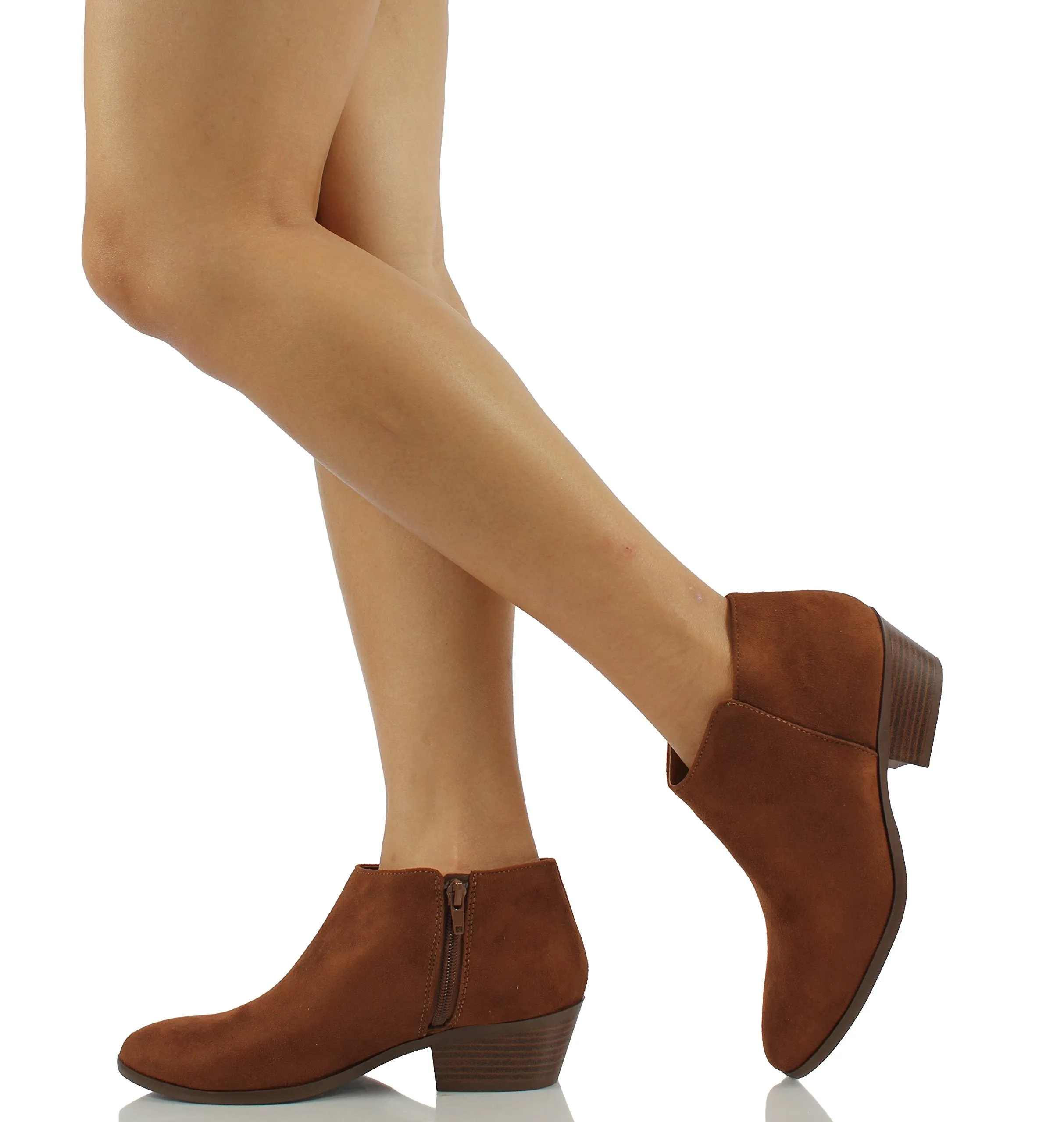 Soda Mug Cognac Closed Rounded Toe Side Zipper Stacked Heel Ankle Fashion Boots