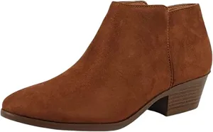 SODA Mug Cognac Suede Stacked Block Heel Rounded Toe Side Zipper Ankle Booties