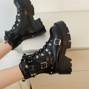 Sohiwoo Women Flats Platform Chelsea Boots 2024 Winter New Ankle Boots Goth Shoes Designer Casual Lace Up Gladiator Motorcycle Botas