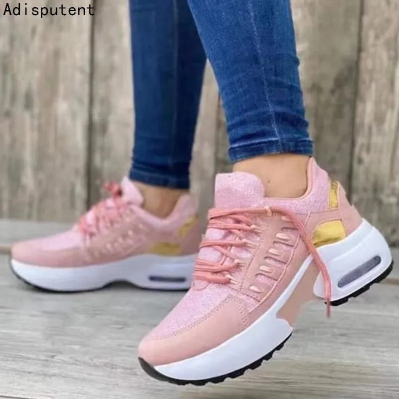 Spring And Autumn Ladies Lace Up Wedge Sneakers