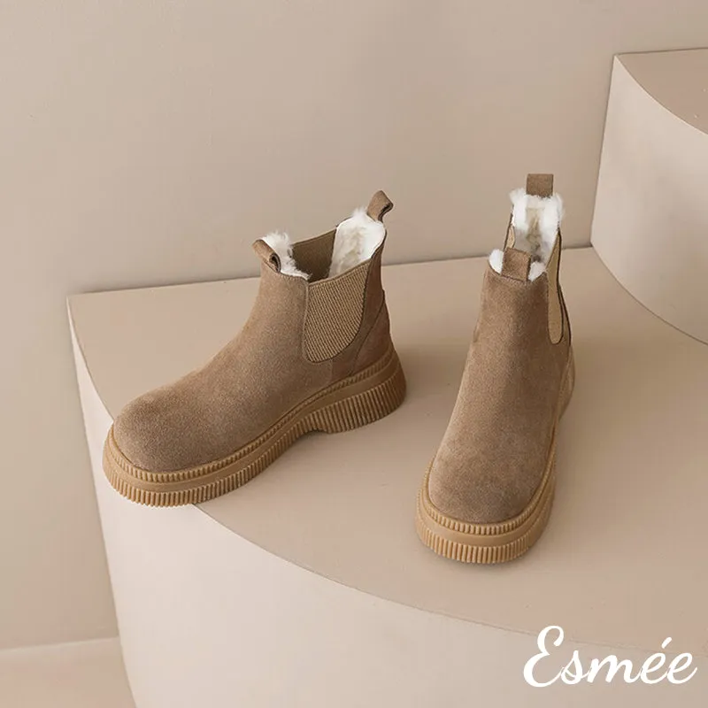 Suede Chelsea Boots with Sheep Hair Design