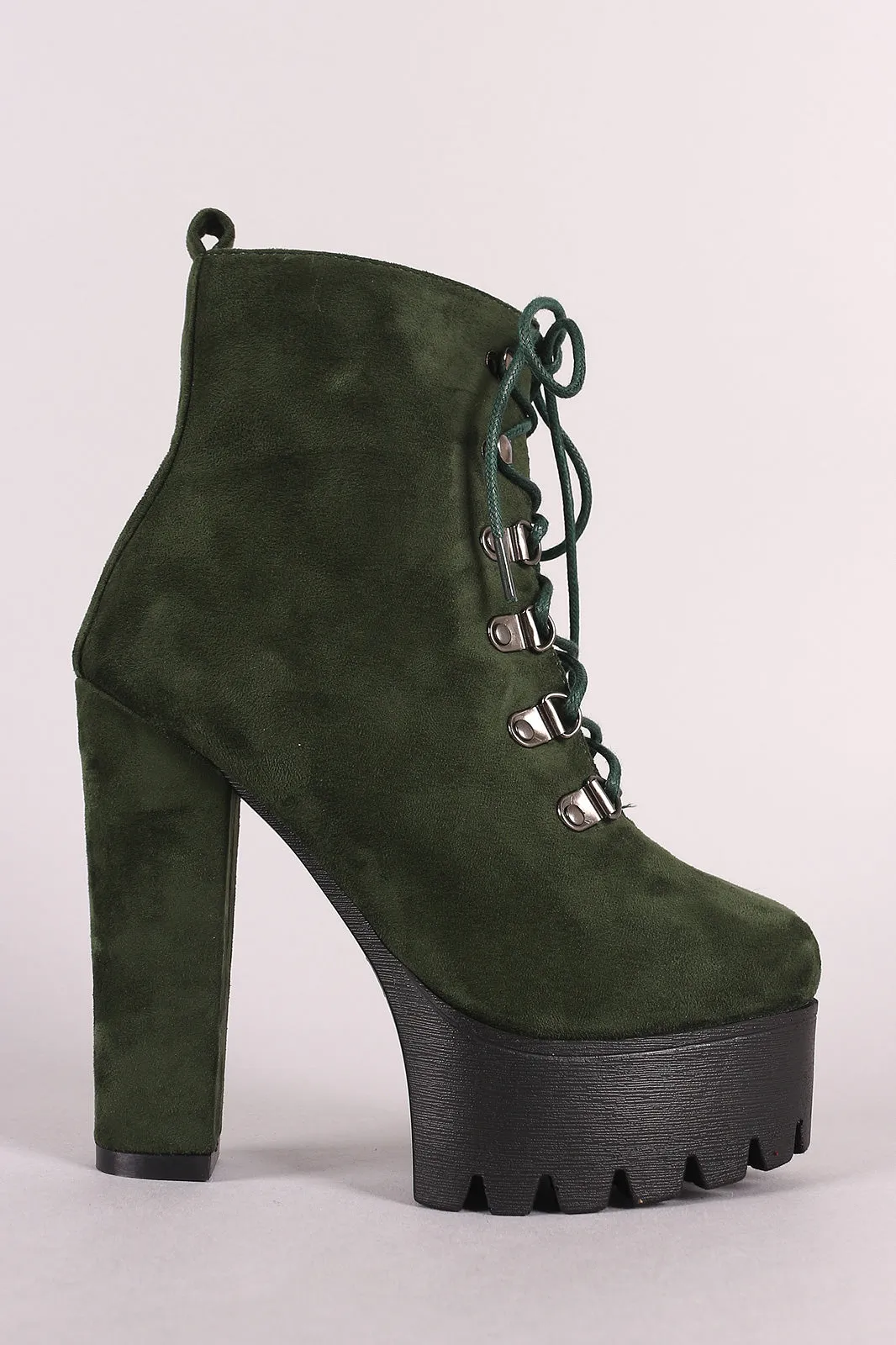 Suede Lace Up Chunky Heeled Platform Lug Sole Ankle Boots