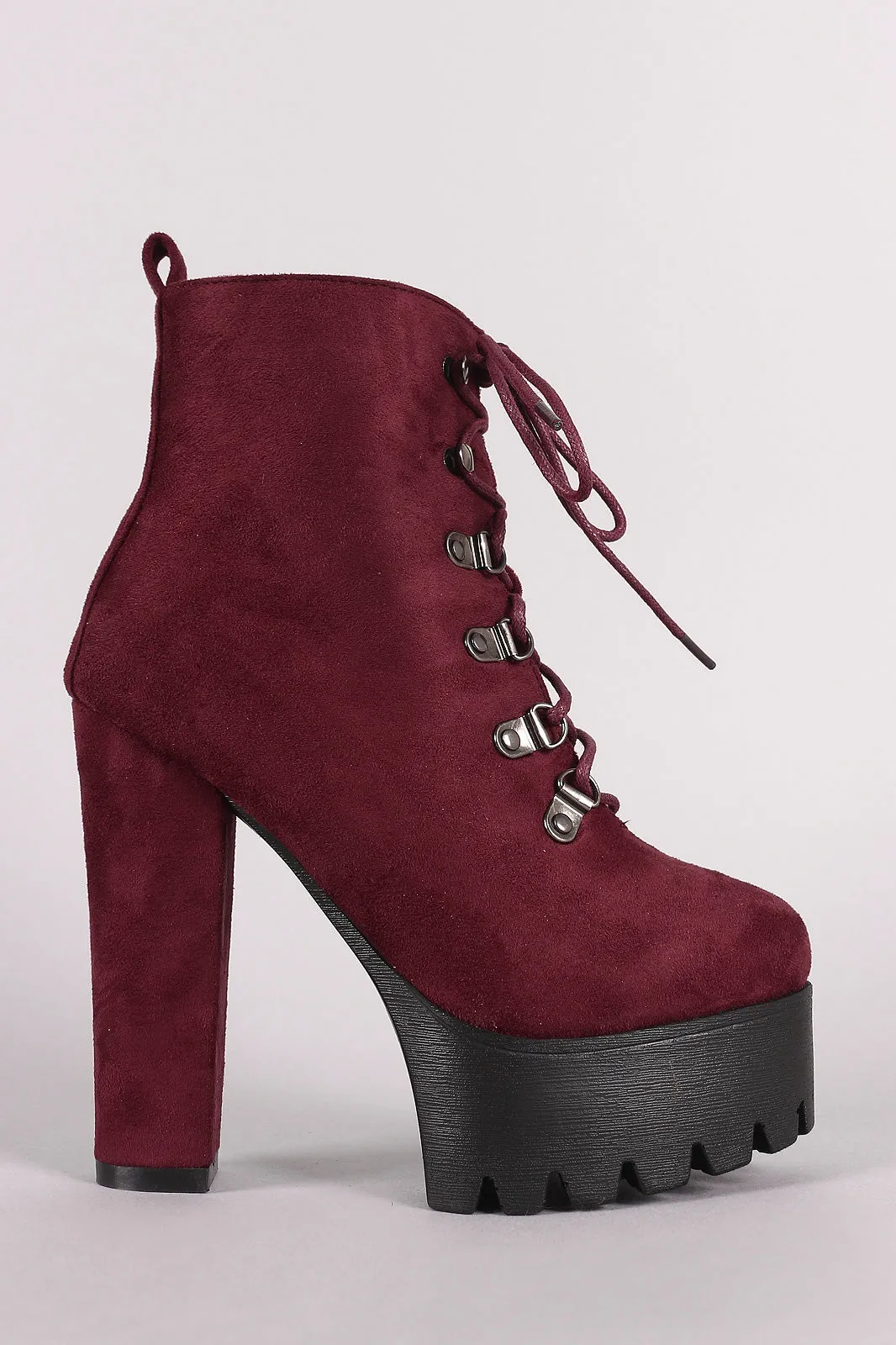 Suede Lace Up Chunky Heeled Platform Lug Sole Ankle Boots
