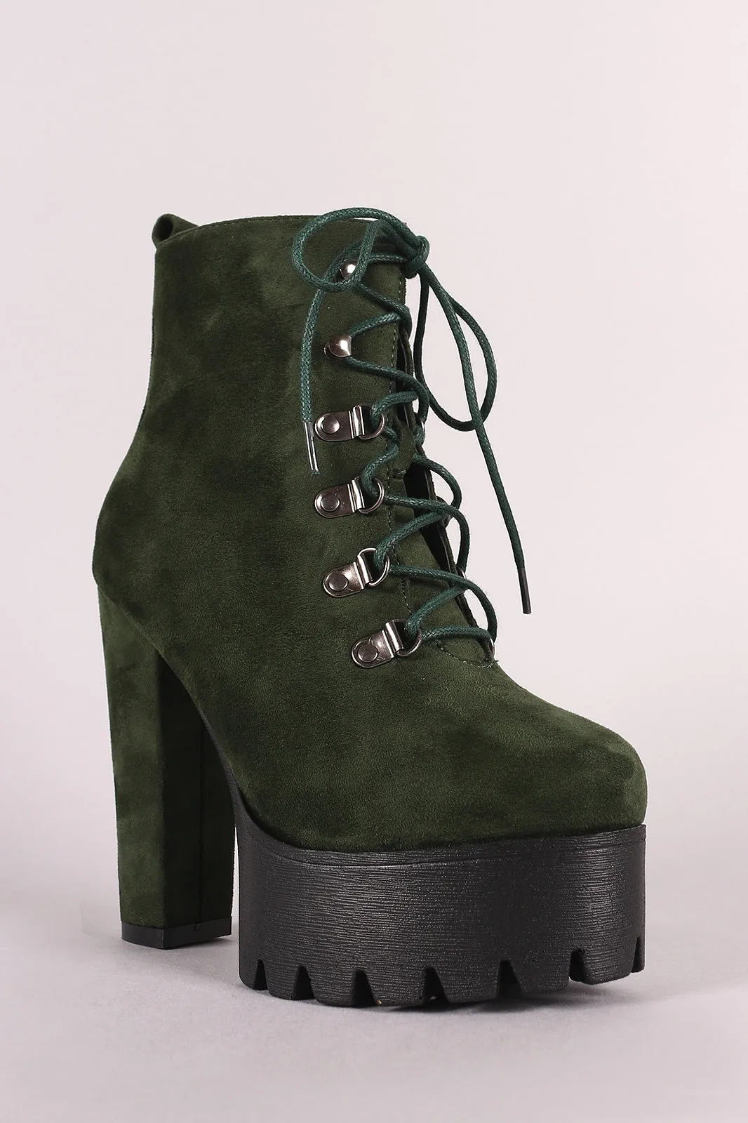 Suede Lace Up Chunky Heeled Platform Lug Sole Ankle Boots