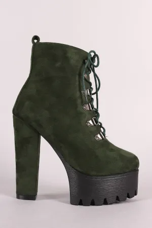 Suede Lace Up Chunky Heeled Platform Lug Sole Ankle Boots
