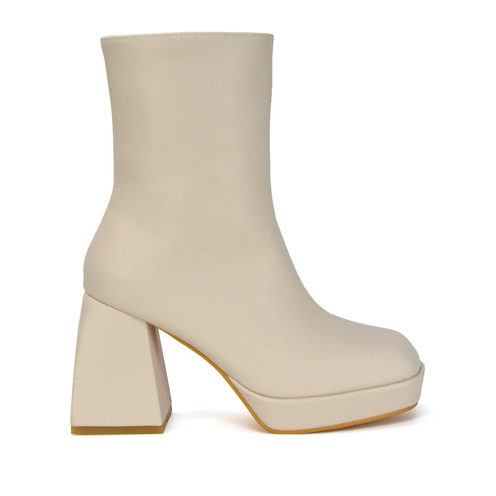 Sylvie Chunky Heel Ankle Boots With Square Toe Platform Booties In Nude Synthetic Leather