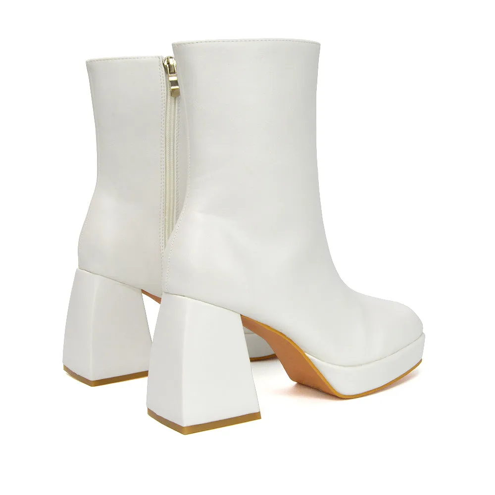 Sylvie Chunky Heel Ankle Boots With Square Toe Platform Booties In Nude Synthetic Leather