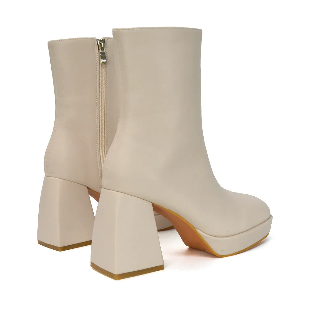 Sylvie Chunky Heel Ankle Boots With Square Toe Platform Booties In Nude Synthetic Leather