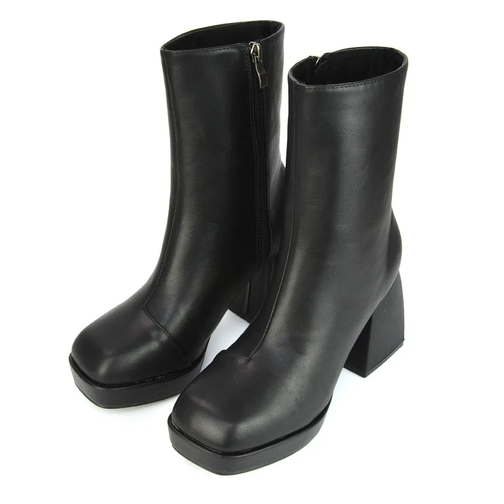Sylvie Chunky Heel Ankle Boots With Square Toe Platform Booties In Nude Synthetic Leather