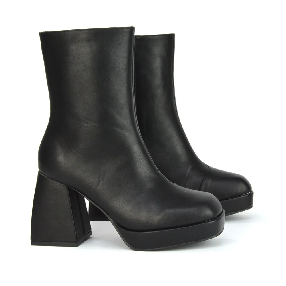 Sylvie Chunky Heel Ankle Boots With Square Toe Platform Booties In Nude Synthetic Leather