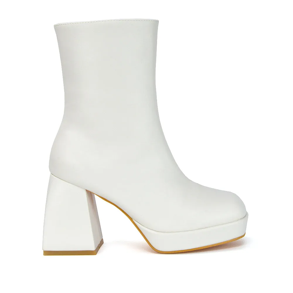 Sylvie Chunky Heel Ankle Boots With Square Toe Platform Booties In Nude Synthetic Leather