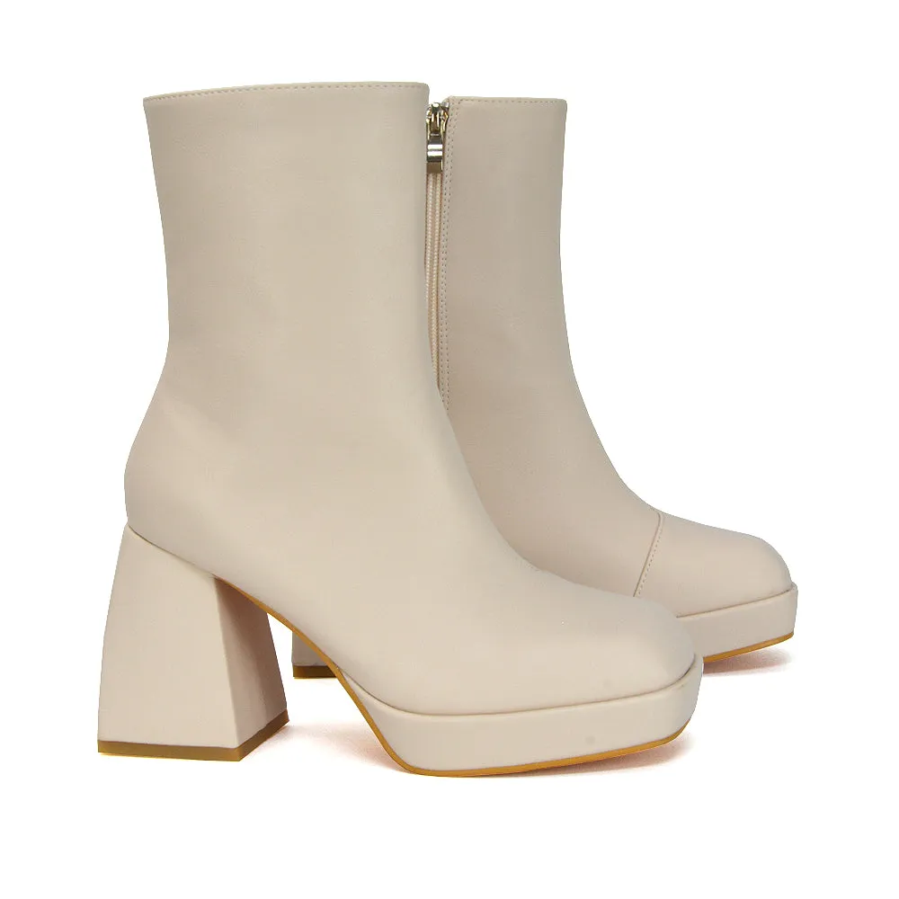 Sylvie Chunky Heel Ankle Boots With Square Toe Platform Booties In Nude Synthetic Leather