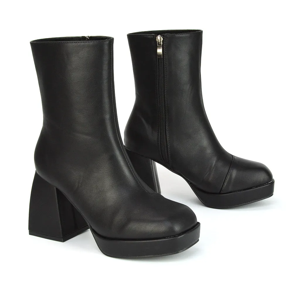Sylvie Chunky Heel Ankle Boots With Square Toe Platform Booties In Nude Synthetic Leather