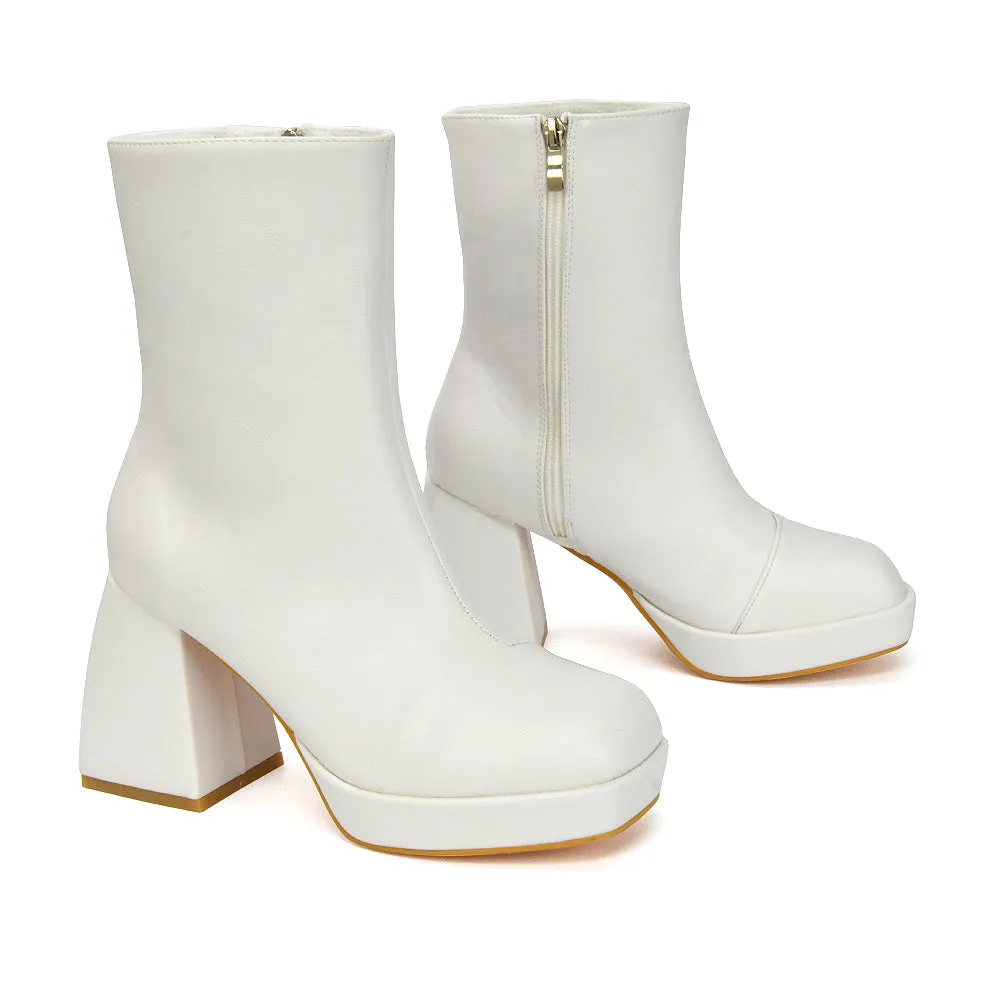 Sylvie Chunky Heel Ankle Boots With Square Toe Platform Booties In Nude Synthetic Leather