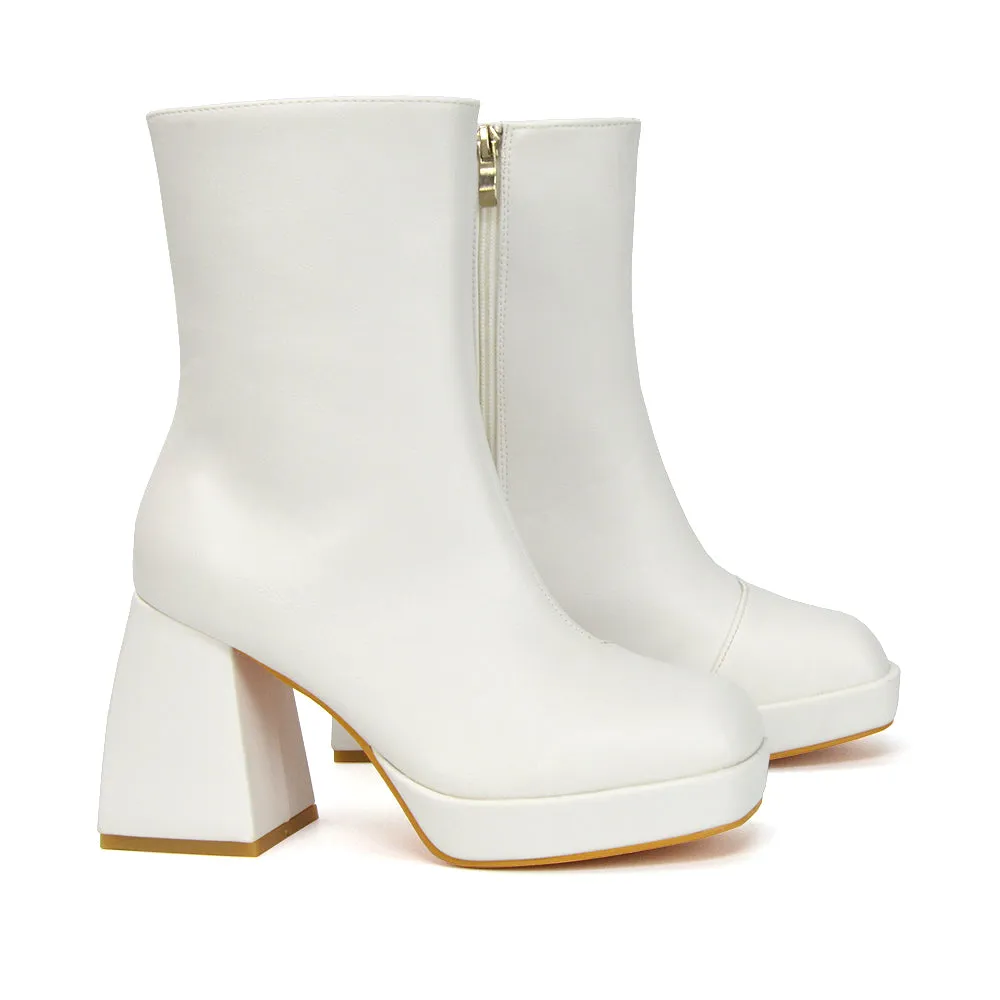 Sylvie Chunky Heel Ankle Boots With Square Toe Platform Booties In Nude Synthetic Leather