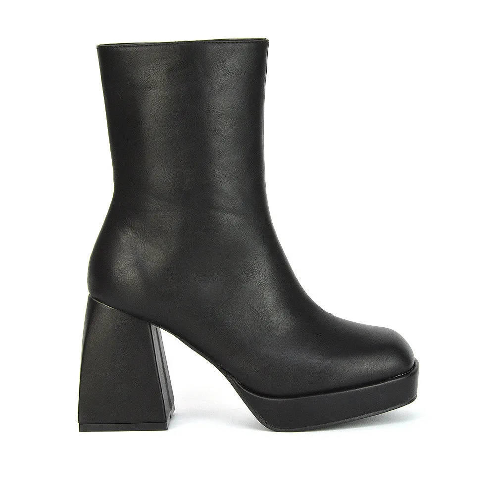 Sylvie Chunky Heel Ankle Boots With Square Toe Platform Booties In Nude Synthetic Leather