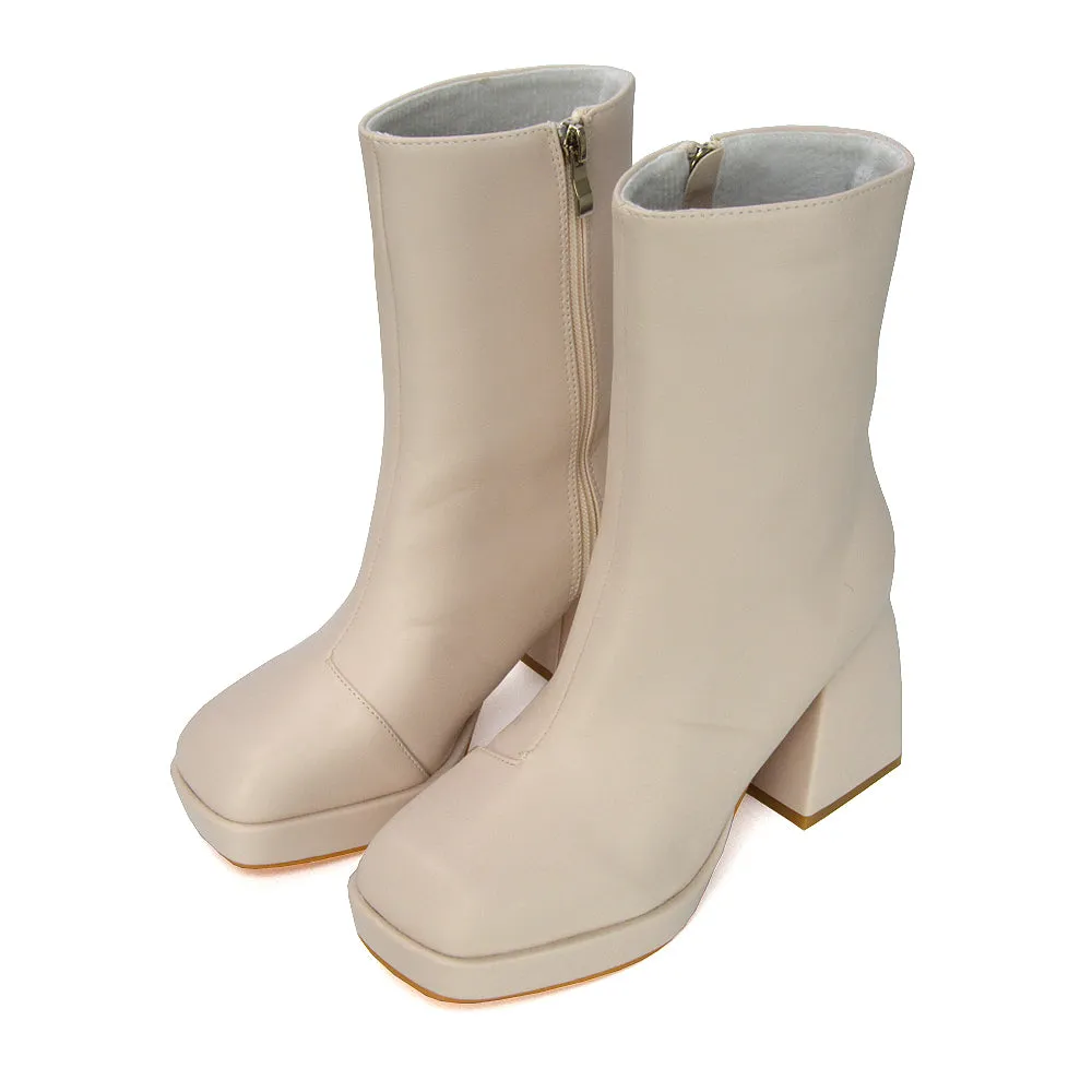 Sylvie Chunky Heel Ankle Boots With Square Toe Platform Booties In Nude Synthetic Leather
