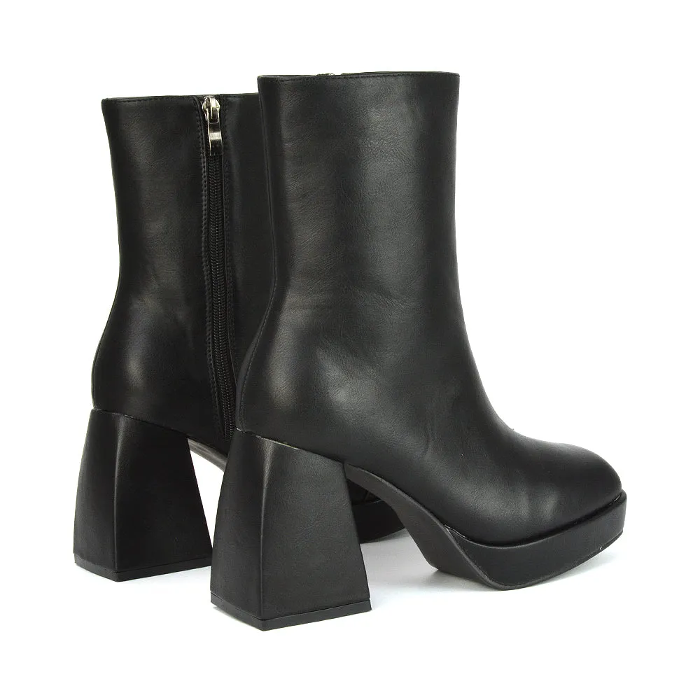 Sylvie Chunky Heel Ankle Boots With Square Toe Platform Booties In Nude Synthetic Leather