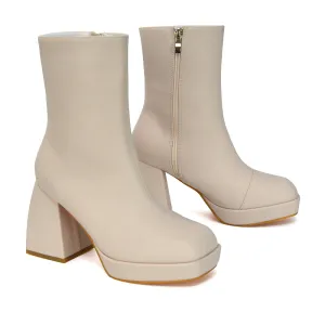 Sylvie Chunky Heel Ankle Boots With Square Toe Platform Booties In Nude Synthetic Leather