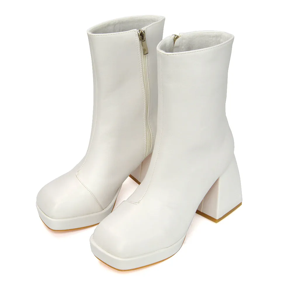 Sylvie Chunky Heel Ankle Boots With Square Toe Platform Booties In Nude Synthetic Leather