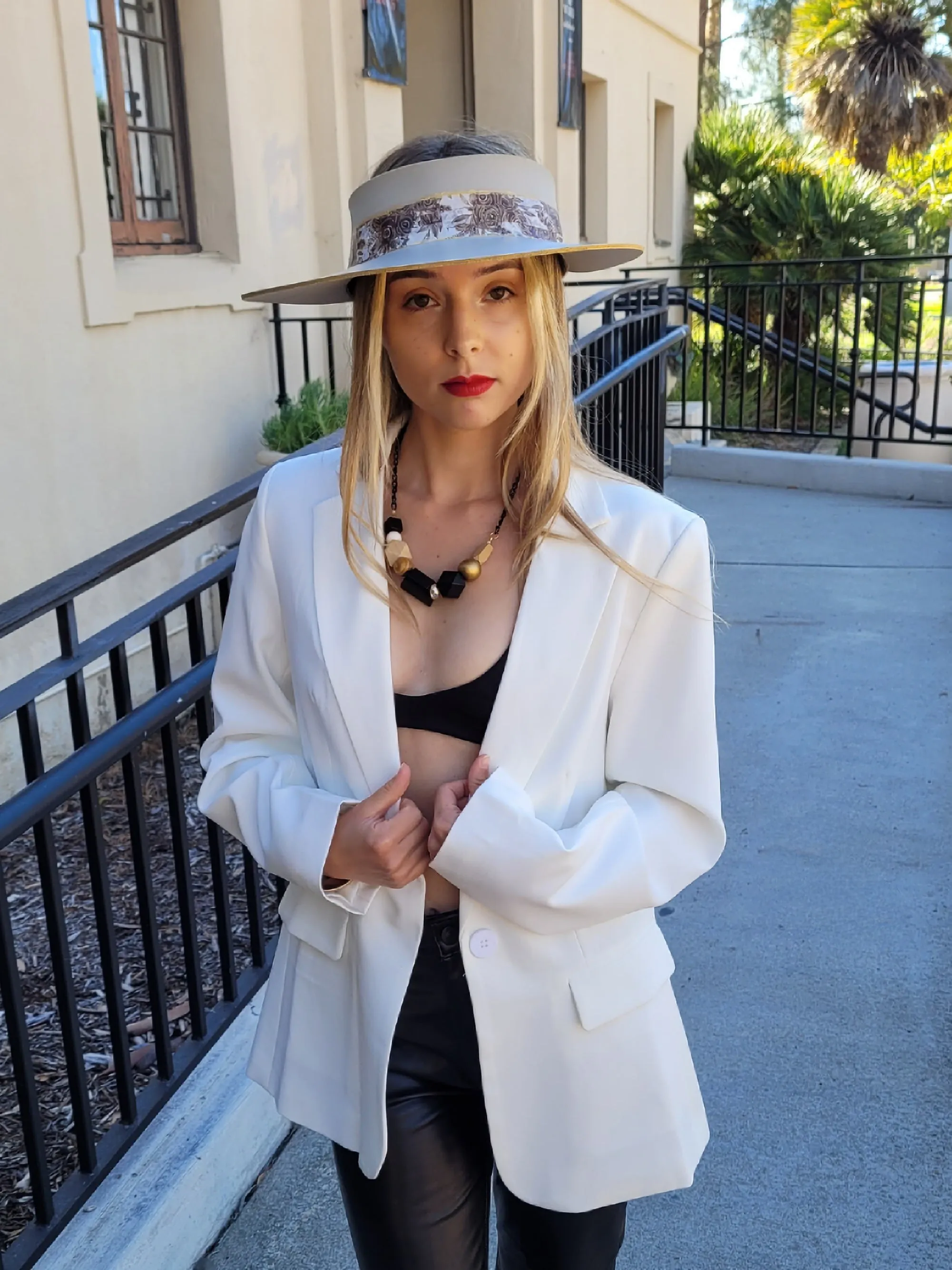 Taupe "LadyEVA" Visor Hat with Golden Autumn Floral Band
